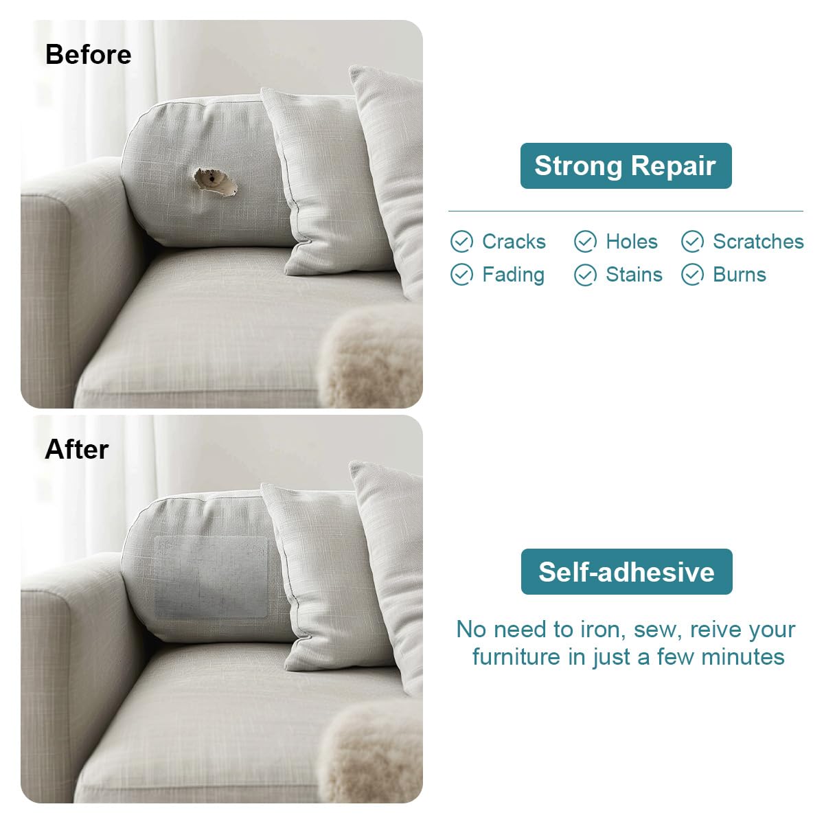 J.CARP 2Pcs Linen Repair Patches, Large Self-Adhesive Fabric Patch for Sofas, Couch, Furniture, Car Seats (8 * 11 inches-2PCS Beige)