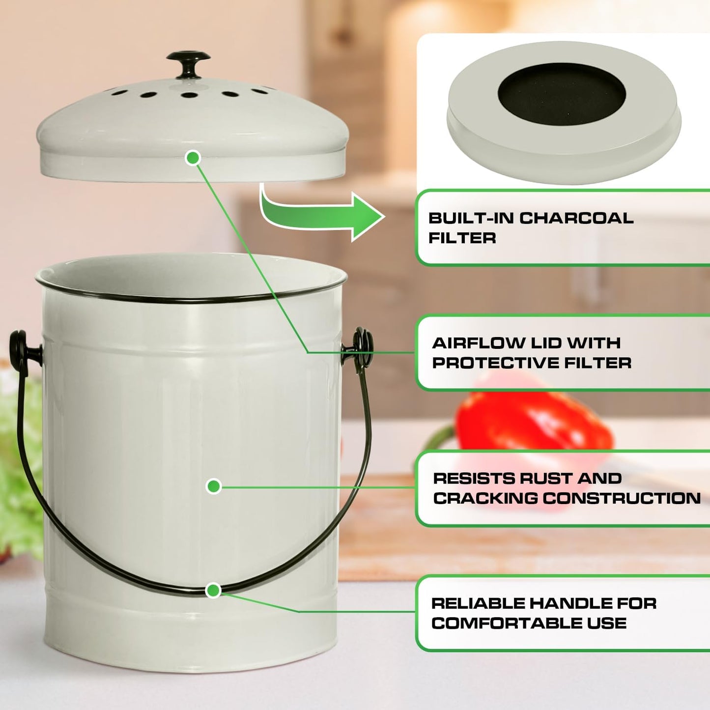 Plexon Countertop Compost Bin Kitchen Indoor with Lid, Off-White 1.5 Gallon Odorless Container, Steel Food Compost Bucket for Kitchen with Charcoal Filter, Compost Pail Countertop