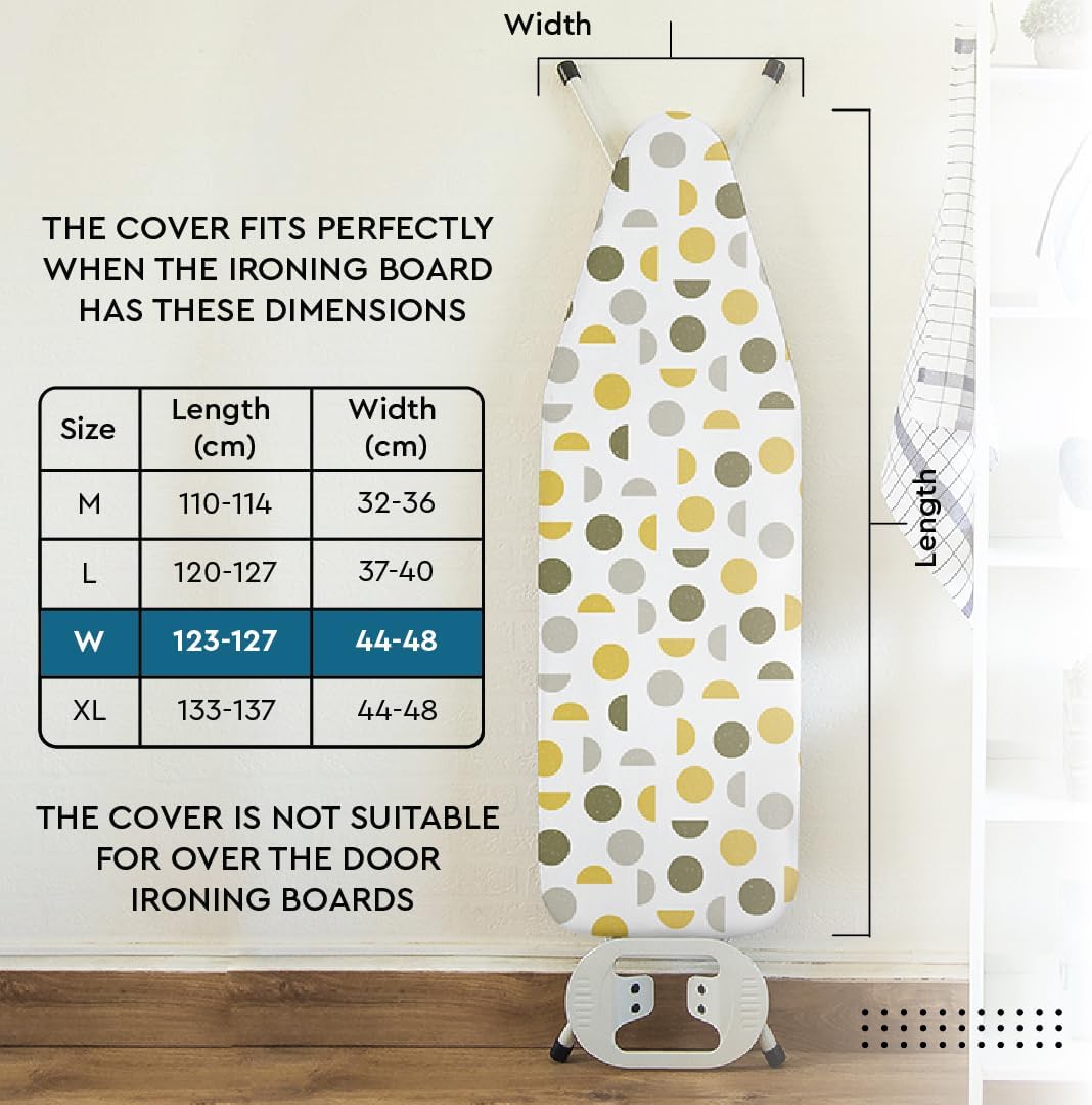 Encasa XO Ironing Board Cover and Pad 49"x18" - Thick 3mm Felt Padding, Drawstring Tightening & Lock, Easy Fit, Scorch & Stain Resistant, Fits Wide Ironing Board - White Tiles