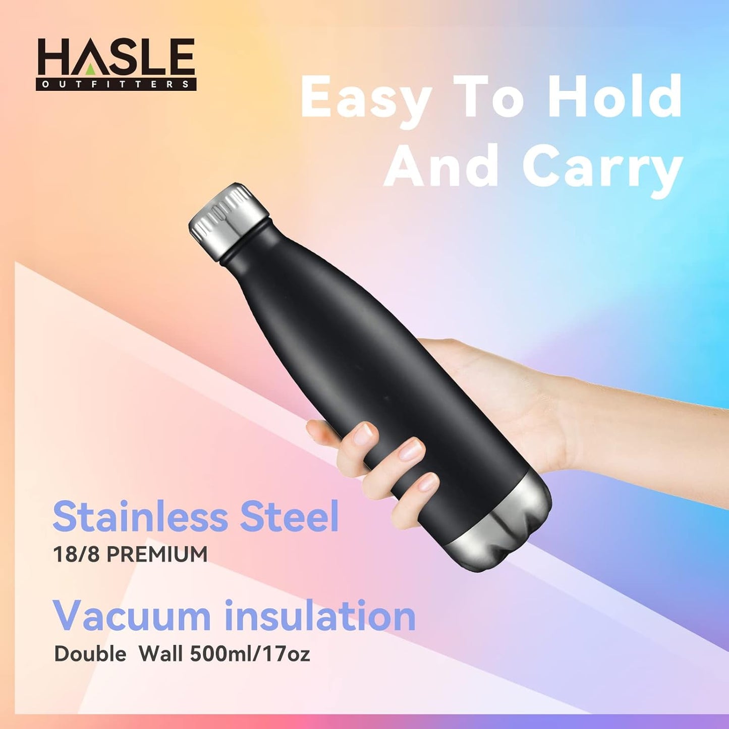 HASLE OUTFITTERS 17oz Stainless Steel Water Bottles, Vacuum Insulated Water Bottles Double Walled Reusable Metal Sports Water Bottles Keep Drinks Hot and Cold, Black, 1Pack