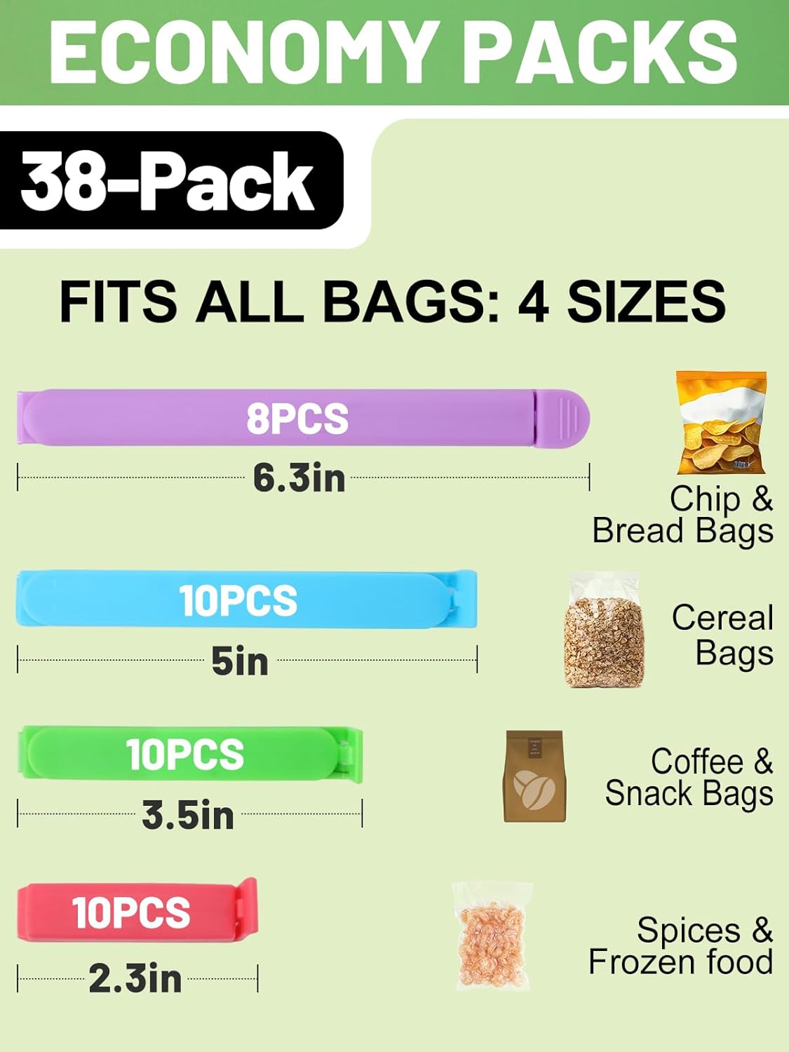 38 PCS Colorful Chip Clips - 4 Sizes Good Sealing Bag Clips for Food Snack Storage, Keeps Coffee, Bread, Cookies Fresh (6.3", 5", 3.5", 2.3")