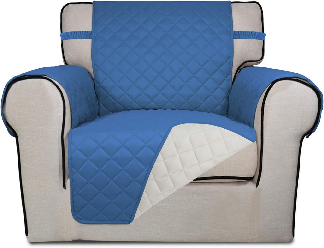 PureFit Reversible Quilted Sofa Cover, Water Resistant Slipcover Furniture Protector, Washable Couch Cover with Non Slip and Elastic Straps for Kids, Dogs, Pets (Chair, Blue/Ivory)