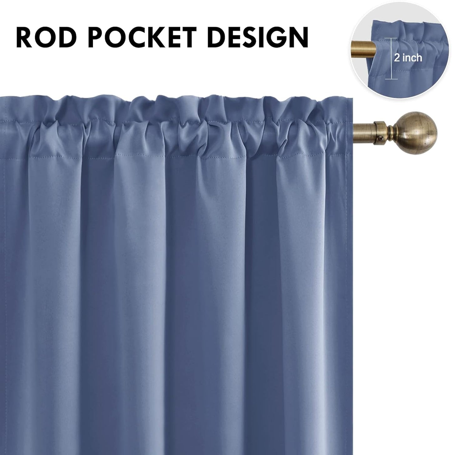 DWCN Blackout Curtains – Thermal Insulated, Energy Saving & Noise Reducing Bedroom and Living Room Curtains, Dusty Blue, W 52x L 95 Inch, Set of 2 Rod Pocket Curtain Panels