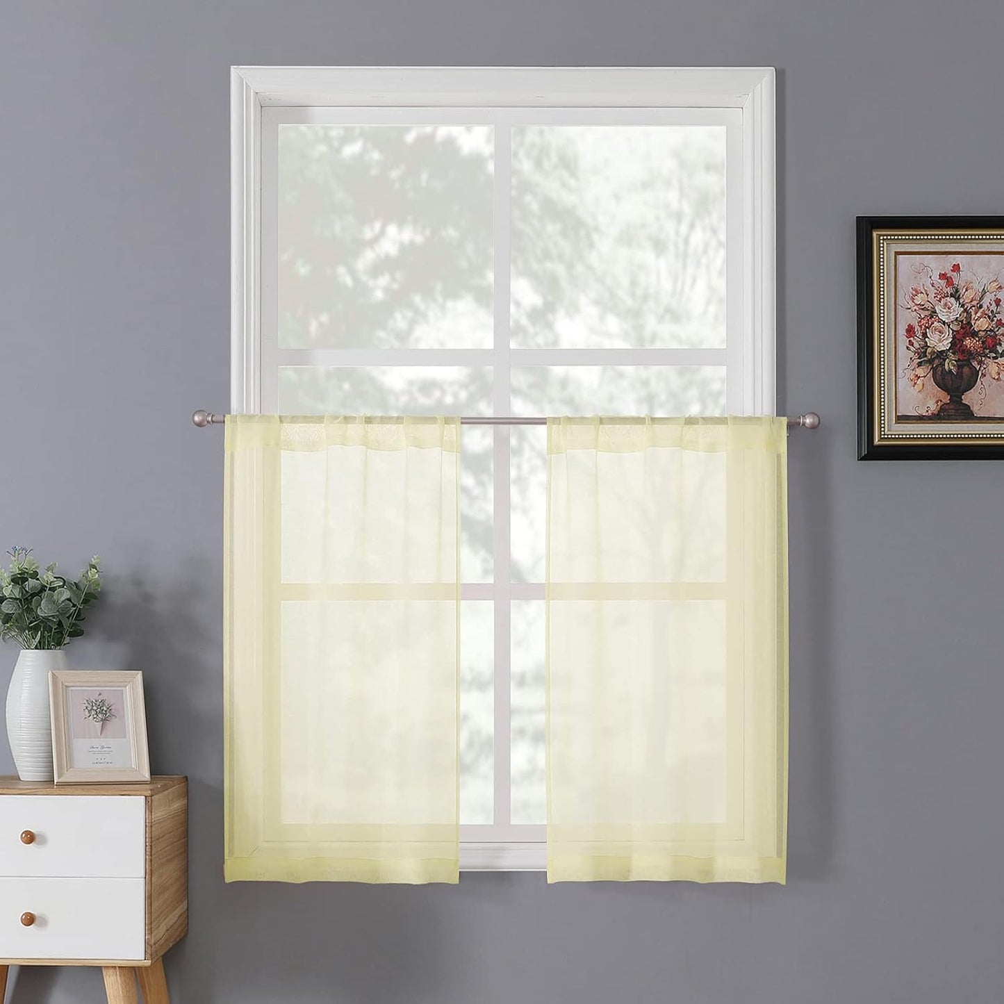 Tollpiz Short Sheer Tier Curtains Linen Textured Half Kitchen Curtain Sheers Light Filtering Rod Pocket Voile Small Curtain for Bathroom, 25 x 24 inches Long, Transparent Yellow, Set of 2 Panels