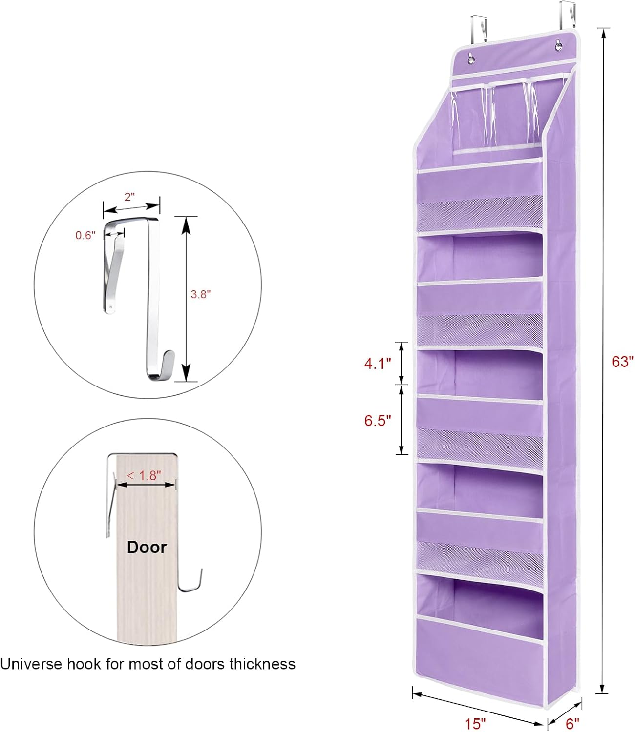 Univivi 6-Shelf Over Door Hanging Organizer Fabric Baby Door Storage with 5 Large Pockets and 3 Small PVC Pockets Wall Mount Hanging Storage Organizers for Baby Essential (Purple)