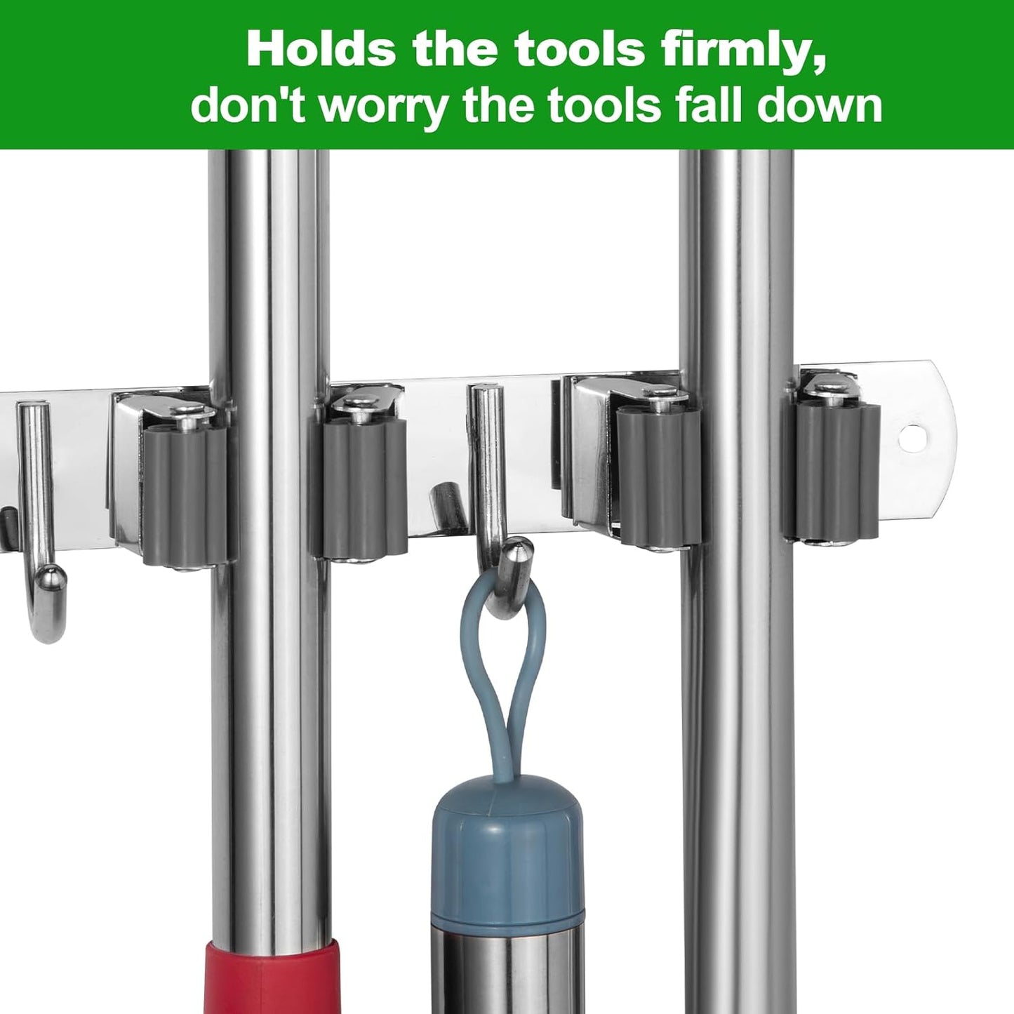 voze 3 Racks and 4 Hooks Mop and Broom Holder Wall Mount, Self Adhesive Heavy Duty Broom Organizer Storage Tool Racks for Kitchen Garden Laundry Garage