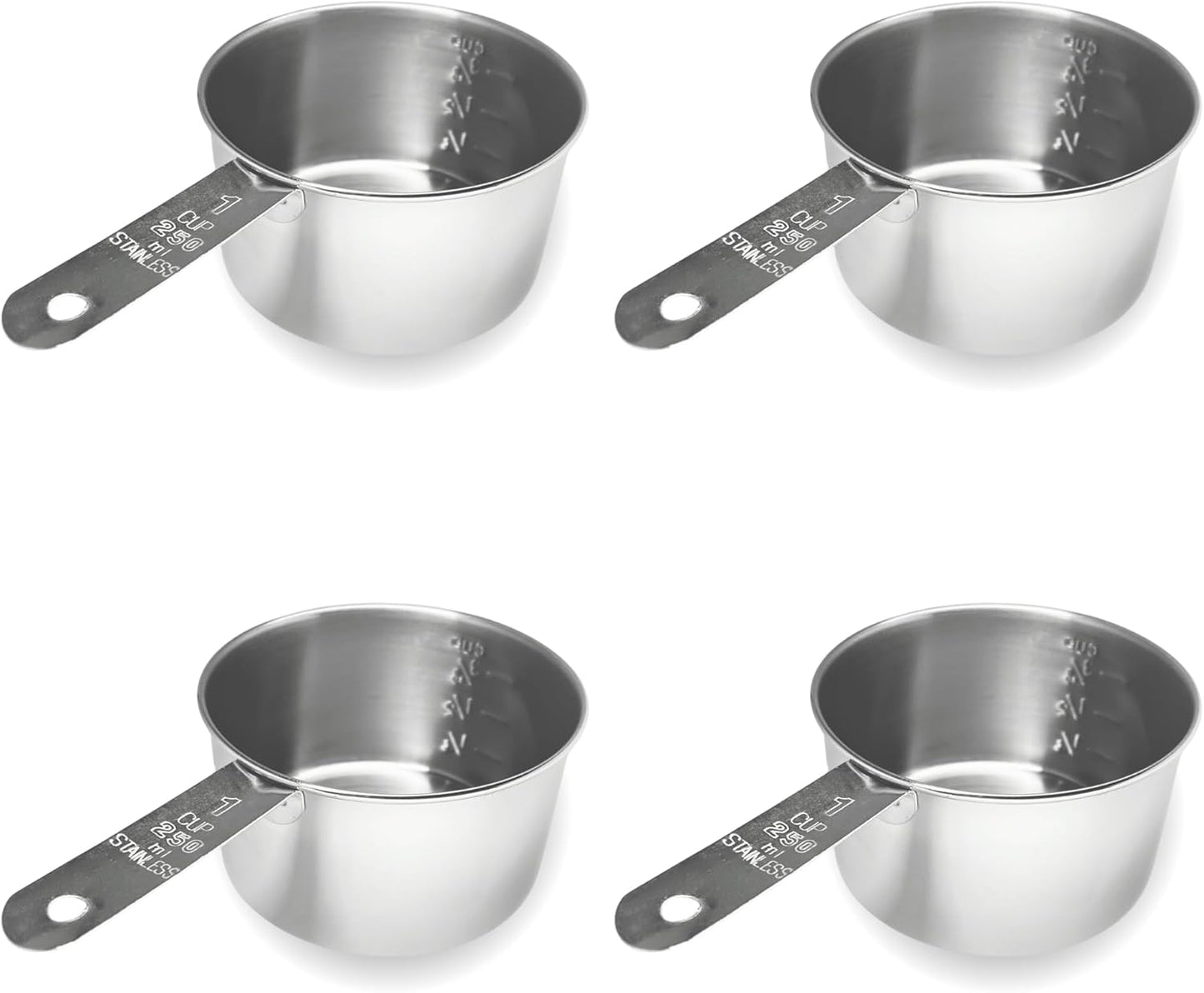 1 Cup Stainless Steel Measuring Cup | Sturdy Metal 250 ml | 240 cc | 8 oz | Single Cup for Wet and Dry Ingredients | Great for use as 1 Cup Dog Food Scoop - 4 PK