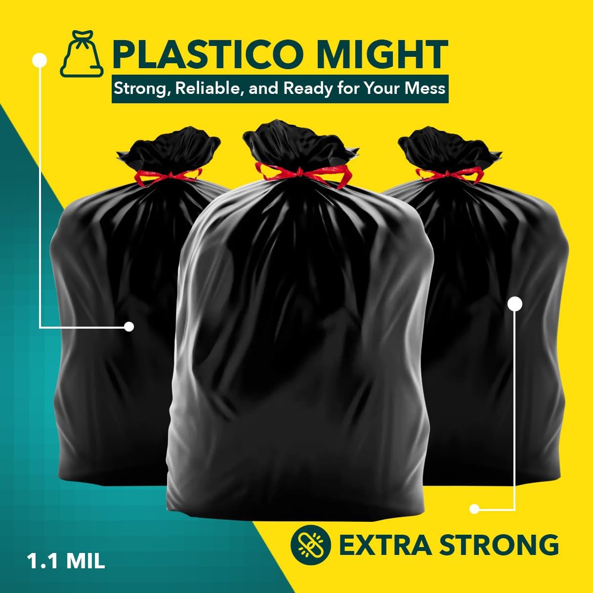 Plastico Extra Tall Kitchen Trash Bags - 18 Gallon, Black, 36 Garbage Bags, Extra Strong, Easy Drawstrings - Odor Guard Control, Unscented, 1.1 Mil Thick Plastic