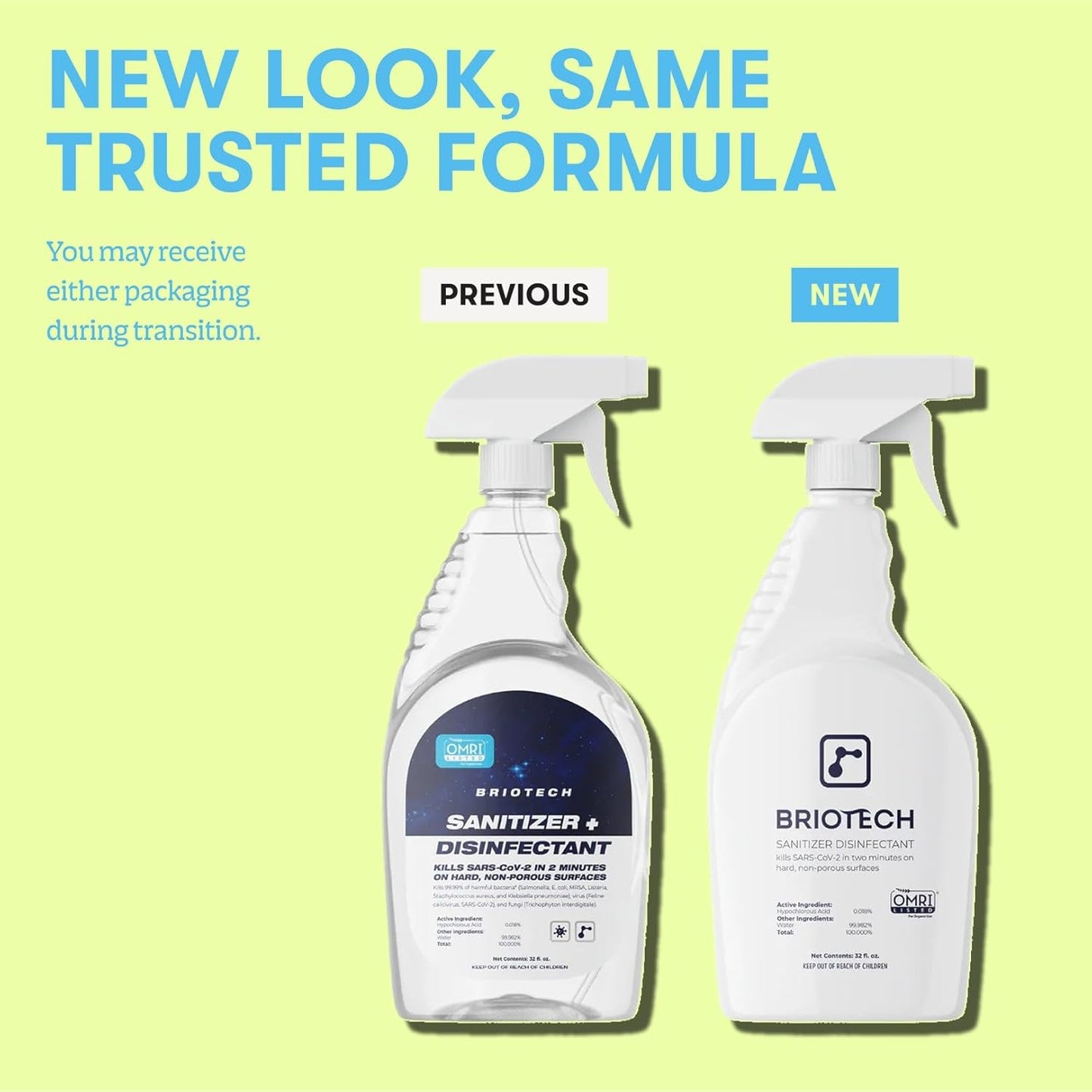 BRIOTECH Sanitizer Disinfectant Hypochlorous Spray, Kill 99.99% of Viruses & Bacteria, Control Mold, Eliminate Odor, Gentle for Nursery & Play Rooms, Food Contact Surface Sanitizer, 32 fl oz Refill