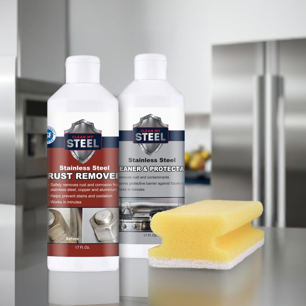 CLEAN MY STEEL Stainless Steel Rust Stain Remover, Protector & Cleaner Kit, Concentrated Formula, for Commercial Use, Appliances. Gloves & Sponge Included (17 oz)
