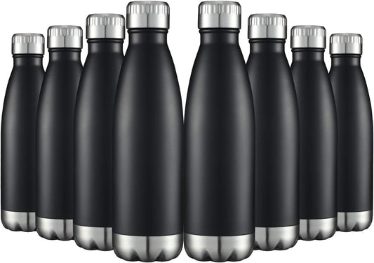HASLE OUTFITTERS 17oz Stainless Steel Water Bottles Bulk, Vacuum Insulated Double Walled Reusable Metal Sports Water Bottles Keep Drinks Hot and Cold, Black, 8Packs