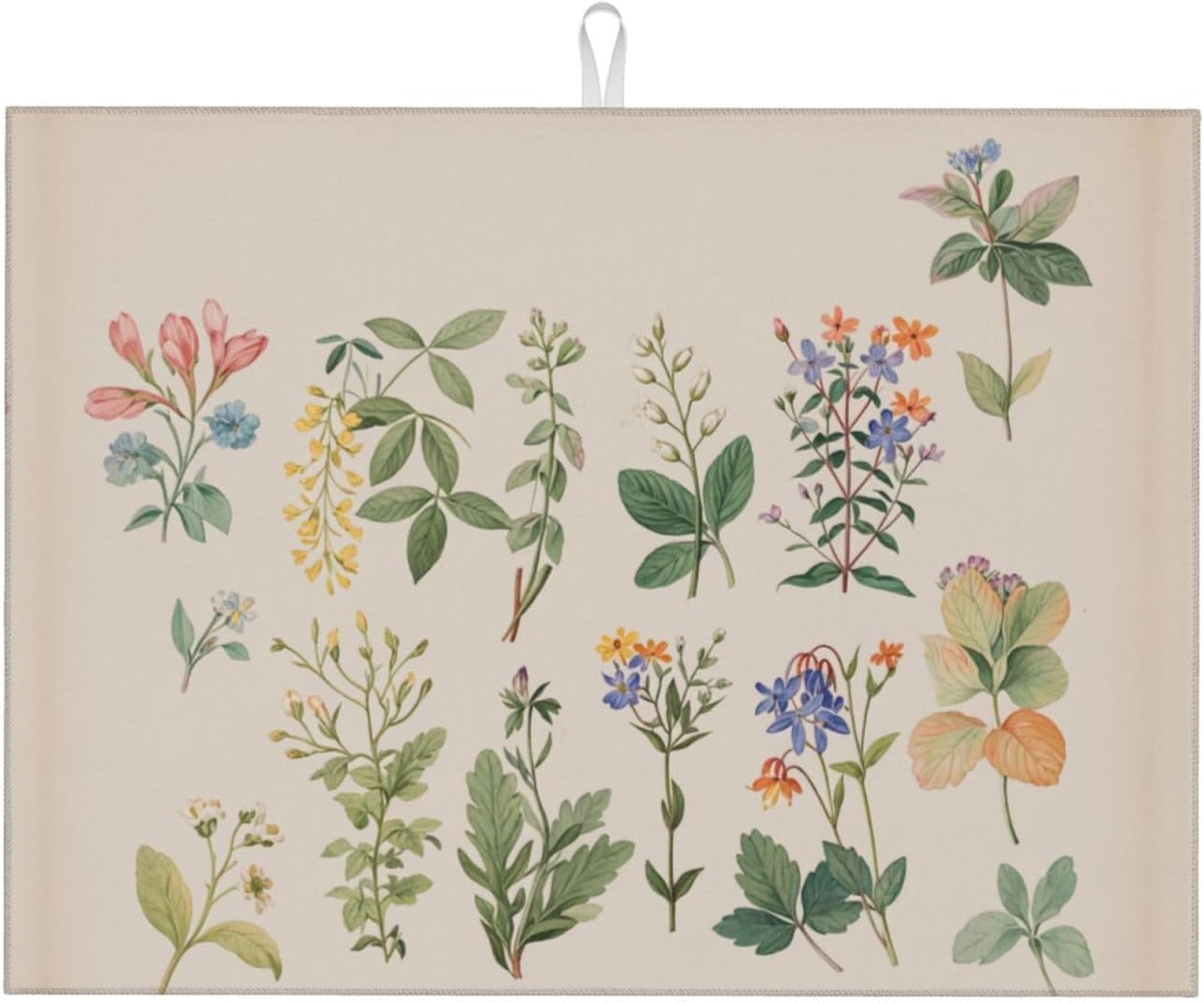 Vintage Plants Herbs Floral Dish Drying Mat Highly Absorbent Double-Sided Microfiber with Hanging Loop Reversible Drain Dish Rack Mat Drain Mat Suitable for Kitchen Countertop Coffee Bar 18 x 24 Inch