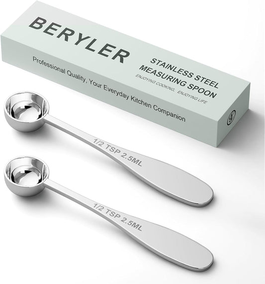 2PCS 1/2tsp(1/6tbsp, 2.5 ml) Single Measuring Spoon, Stainless Steel Individual Teaspoon, Metal Measure Scoop with Gift Box