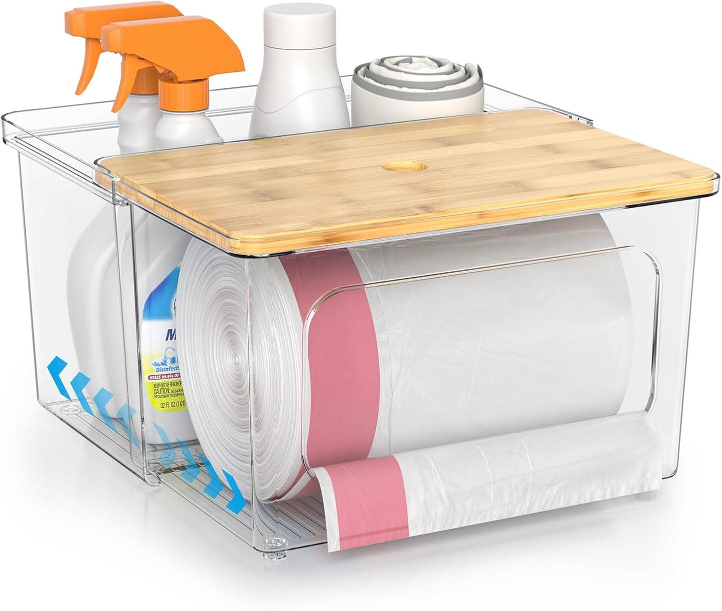 Trash Bag Dispenser Roll Holder - Clear Garbage Bag Holder Dispenser with Bamboo Lid and Sliding Drawer Box, Trash Bag Holder for Kitchen, Under Sink, Laundry Room Organization and Storage