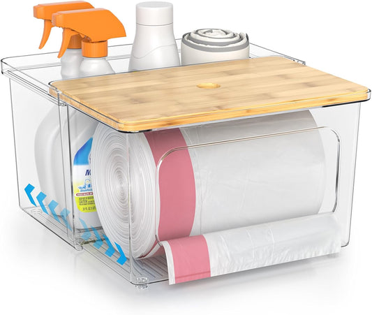 Trash Bag Dispenser Roll Holder - Clear Garbage Bag Holder Dispenser with Bamboo Lid and Sliding Drawer Box, Trash Bag Holder for Kitchen, Under Sink, Laundry Room Organization and Storage