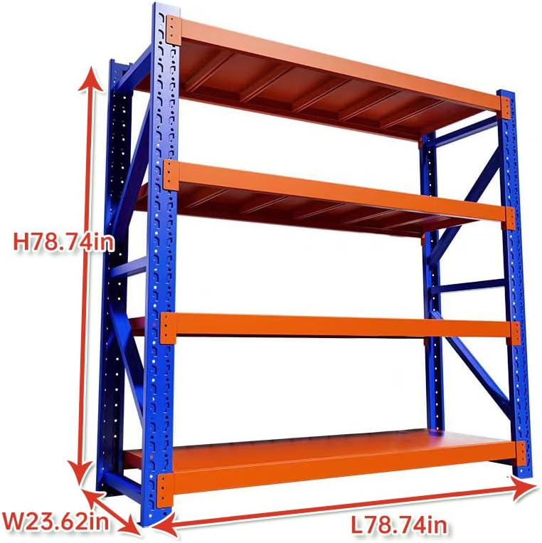 Industrial Metal Storage Shelves - Large, Heavy Duty, 4 Levels, Blue & Orange, Warehouse Racking - 23.62D x 78.74W x 78.74H
