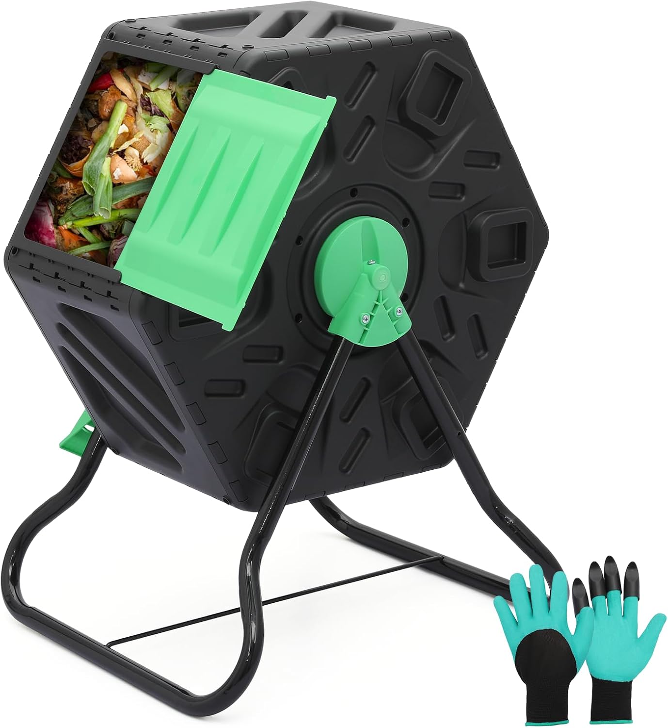 Athena Collection Compost Tumbler, 17 Gallon Single Chamber Outdoor Rotating Composter Bin with Gloves, Easy-Turn BPA-Free Plastic Compost Barrel for Backyard Garden, Patio, Kitchen Food Waste