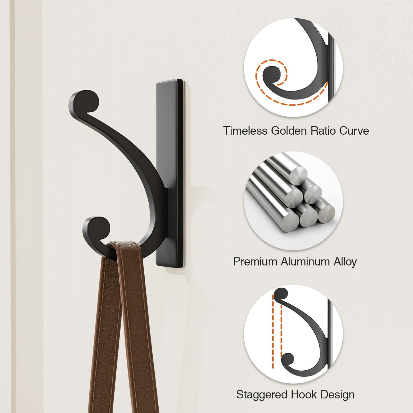 Adhesive Wall Hook for Towel/Coat - Extra Sticky 10LB Stainless, Stick on Hanger for Bath or Shower, Matt Black 8-Pack