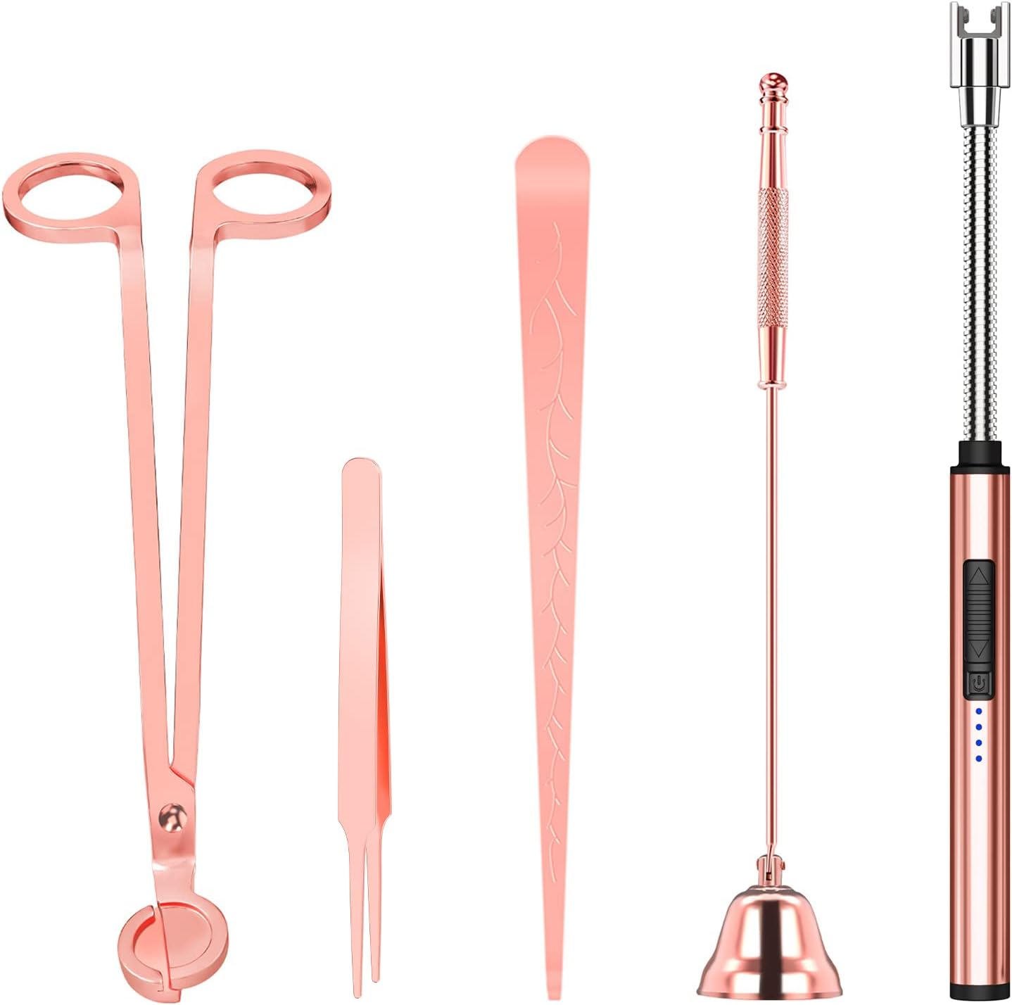 5 in 1 Candle Accessory Set,Candle Wick Trimmer Cutter Set,Candle Wick Dipper,Candle Wick Snuffer,Rechargeable Candle Lighter,Tweezers,Stainless Steel Candle Care Kit Gift for Aromatherapy(Rose Gold)…