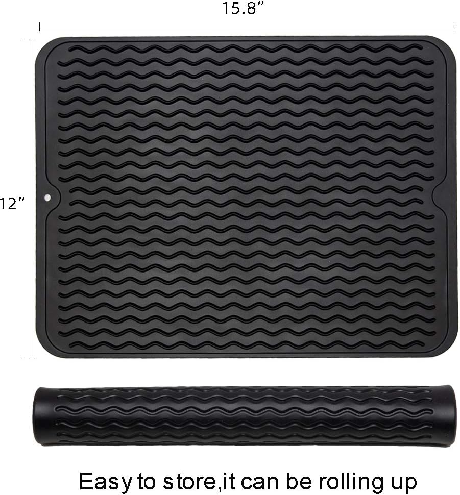 ZLR 2 Pcs Silicone Dish Drying Mats for Kitchen Counter, Eco-Friendly Fast Dry Dish Mat, Easy Clean Multi Usage Drying Matt, Heat Resistant Trivet, 12" x 16" Large, Black