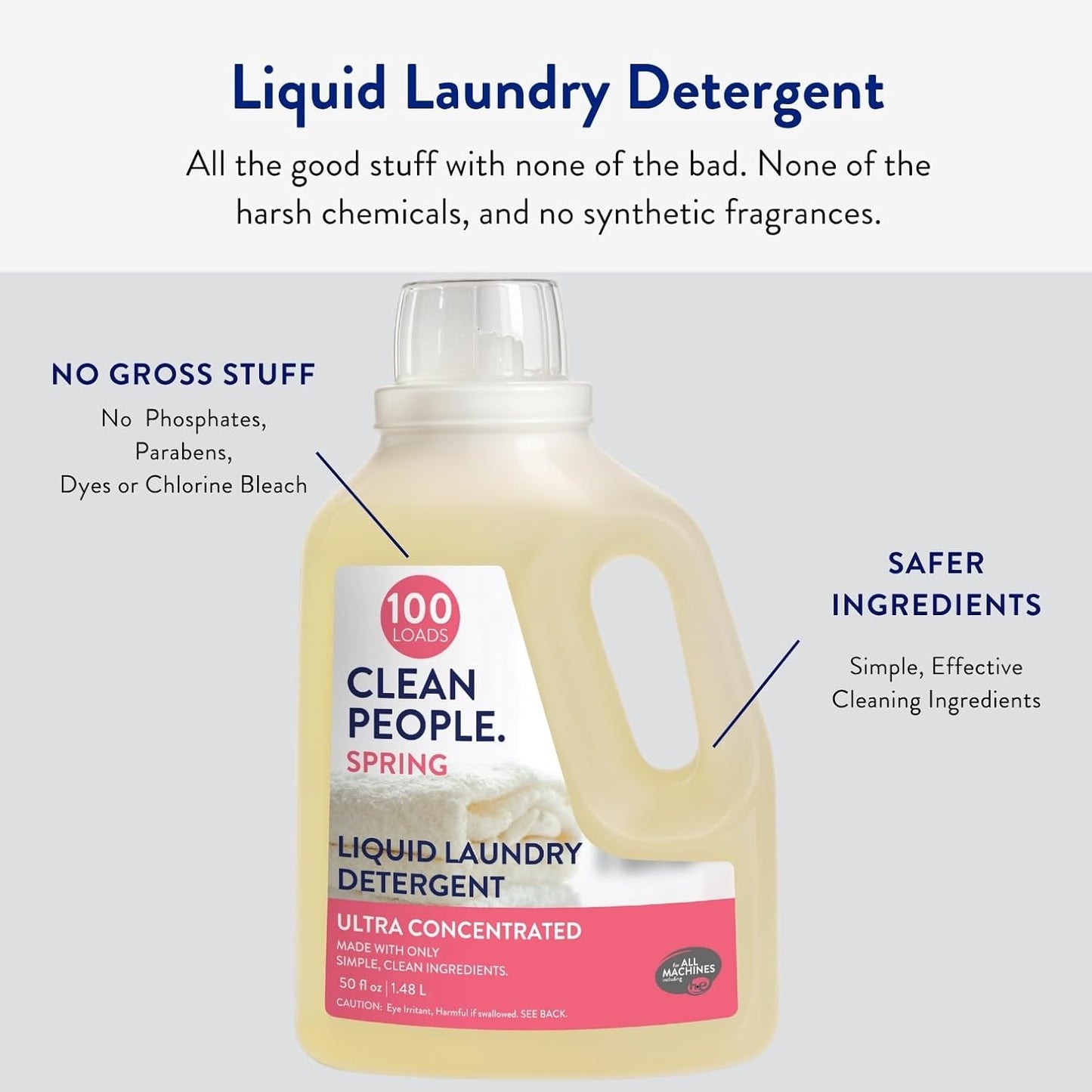 The Clean People Liquid Laundry Detergent - Recyclable Packaging, Stain Fighting - Ultra Concentrated, Laundry Soap - Spring Scent, 50 fl oz
