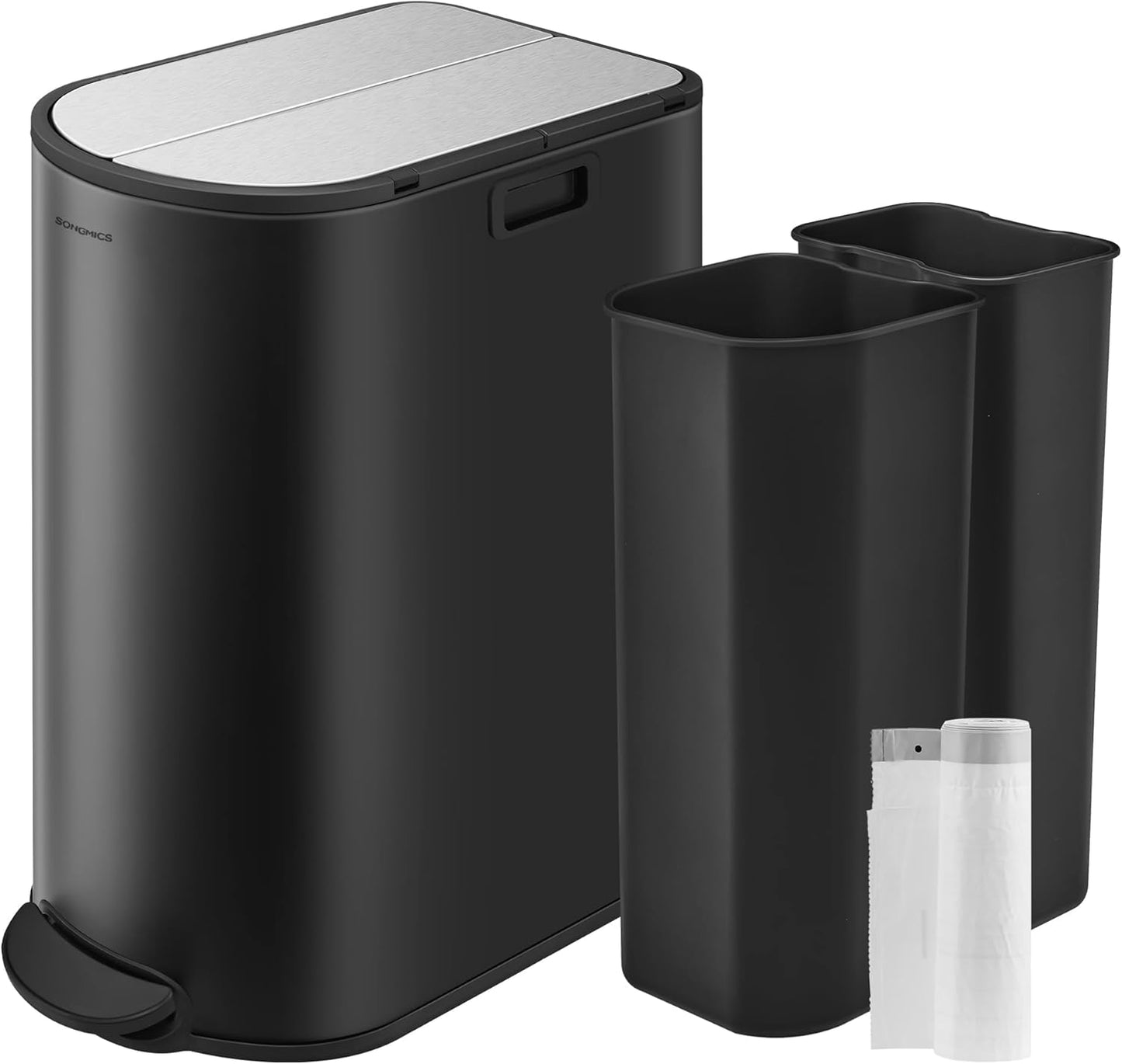 SONGMICS 13-Gallon Dual Kitchen Trash Can, 5.3 and 8 Gallon Compartments, Garbage Can with Wing Lids, Stainless Steel, Soft Close, Inner Buckets, Ink Black and Metallic Silver ULTB570B50