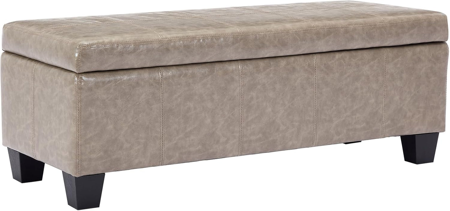 Faux Leather Ottoman with Storage, 42 Inch Rectangular Storage Ottoman Bench with Safety Hinged Lid, Large Upholstered End of Bench for Bedroom Entryway Living Room, Grey