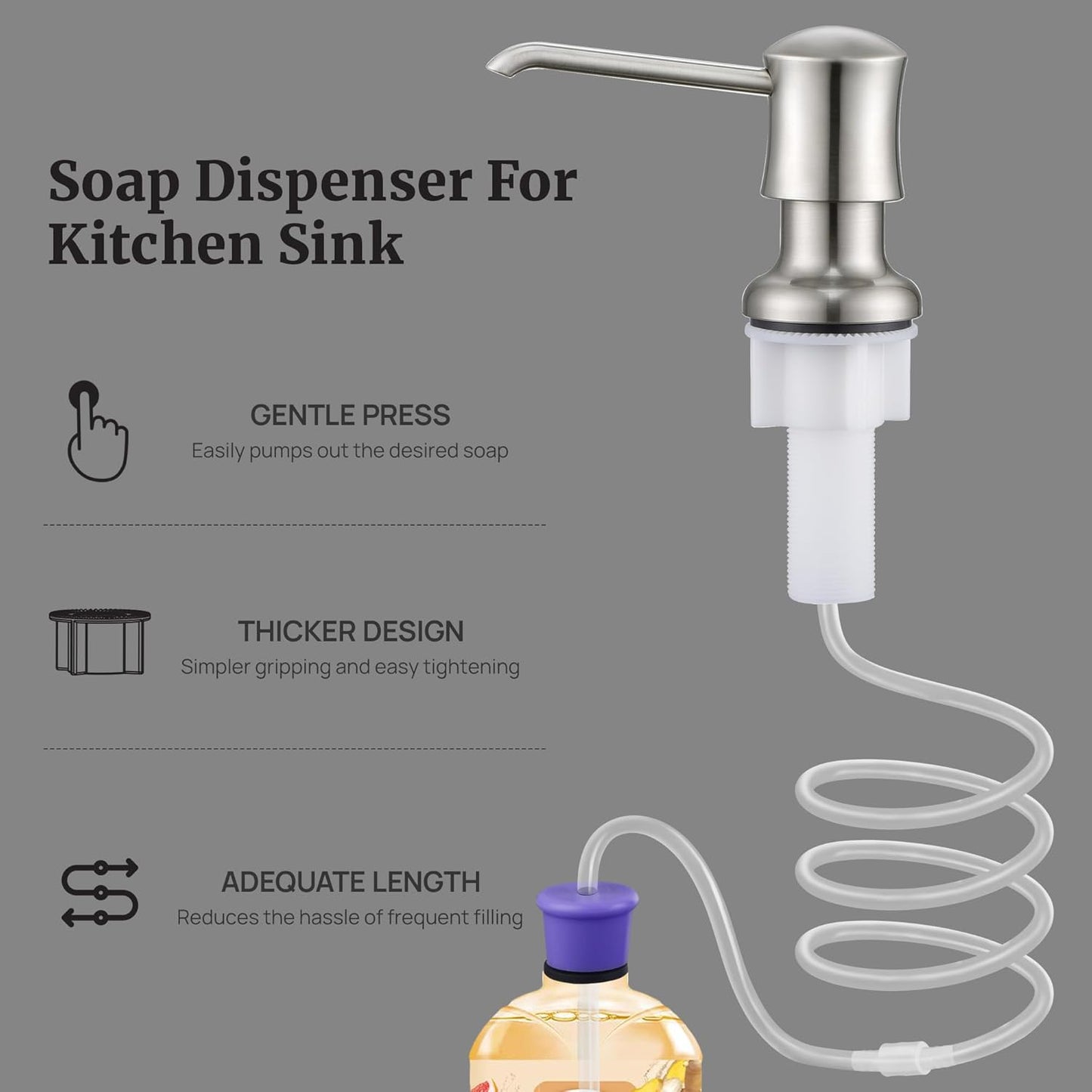 Sink Soap Dispenser for Kitchen Sink Brushed Nickel Upgrade with 40" Silicone Extension Tube Kit, Connect to Your Soap Bottle Directly