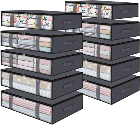 StorageRight Under Bed Storage Bins, 10-Pack 40L Foldable Fabric Storage Bags with Transparent Window, Breathable Organizer for Clothes/Blanket/Comforter/Quilt, Grey