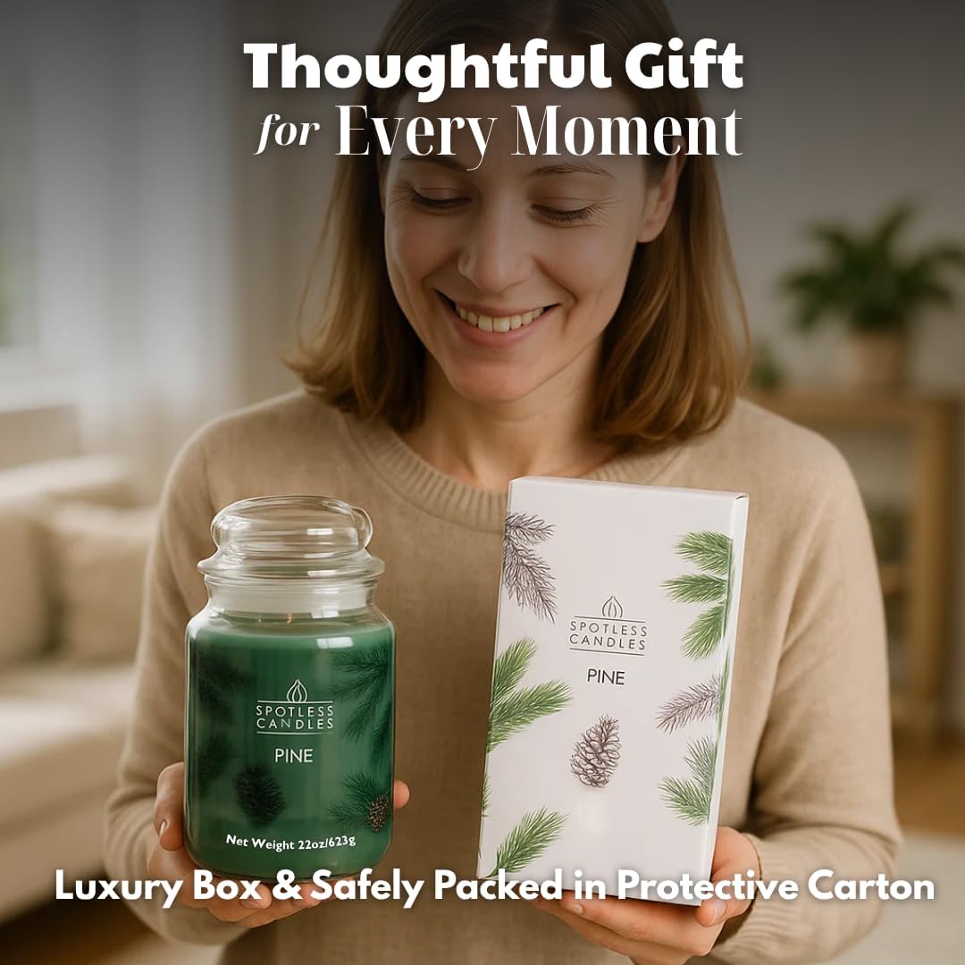 Pine Candle - Large 22oz Glass Jar with Wooden Wick 130 Hours Burn Time - Decorated Jar Within a Presentation Gift Box and Protective Shipping Box