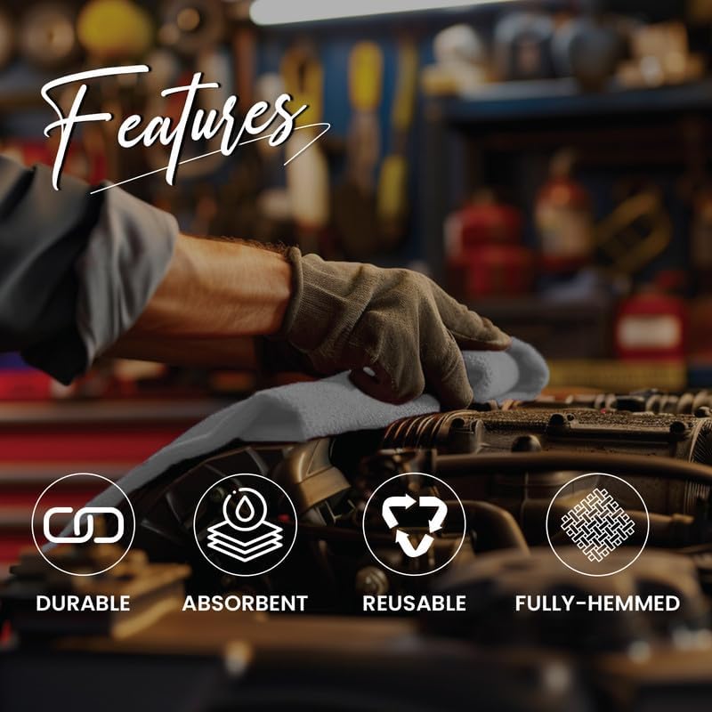 Shop Towels (White, 100-Pack) - Bulk Cleaning Towel in a Bag, Mechanic Cotton Wipes for Car Maintenance, Auto Mechanics & Garage, Wipe Grease & Oil, Machine Wash & Reusable