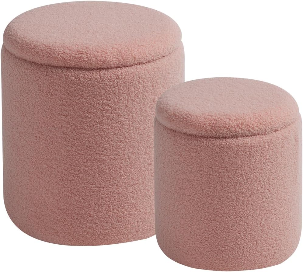 Round Ottoman with Storage Set of 2-Upholstered Sherpa Vanity Stool for Makeup Multifunctional Ottomans Coffee Table Padded Seat Foot Rest for Living Room&Bedroom(Sherpa Pink)