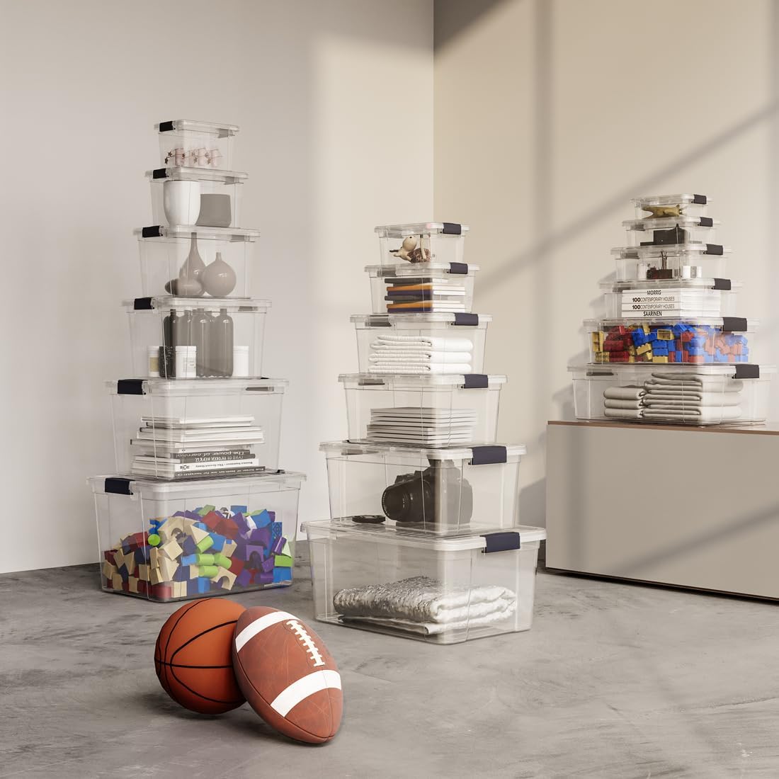 Superio Clear Storage Boxes with Lids, 49 Quart Plastic Container Bins for Organizing, Stackable Crates, BPA Free, Non Toxic, Odor Free, Organizers for Home, Office and Dorm, 4 Pack