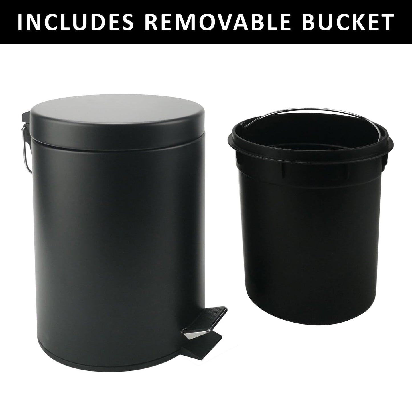 Stainless Steel Small Trash Can with Lid & Step Pedal - 5 Liters/1.3 Gallon Soft Close Waste Basket with Removeable Inner Bucket - Garbage Can for Bathroom, Bedroom, Kitchen & Office (Black)