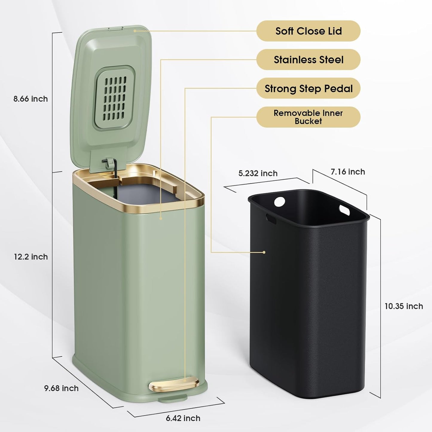 CEROELDA Small Bathroom Trash Can with Lid Soft Close-5L/1.3 Gal Slim Garbage Can-Metal Step Wastebasket-Rectangle Narrow Waste Bin for Office, Bedroom, Toilet, Live Room (Green)