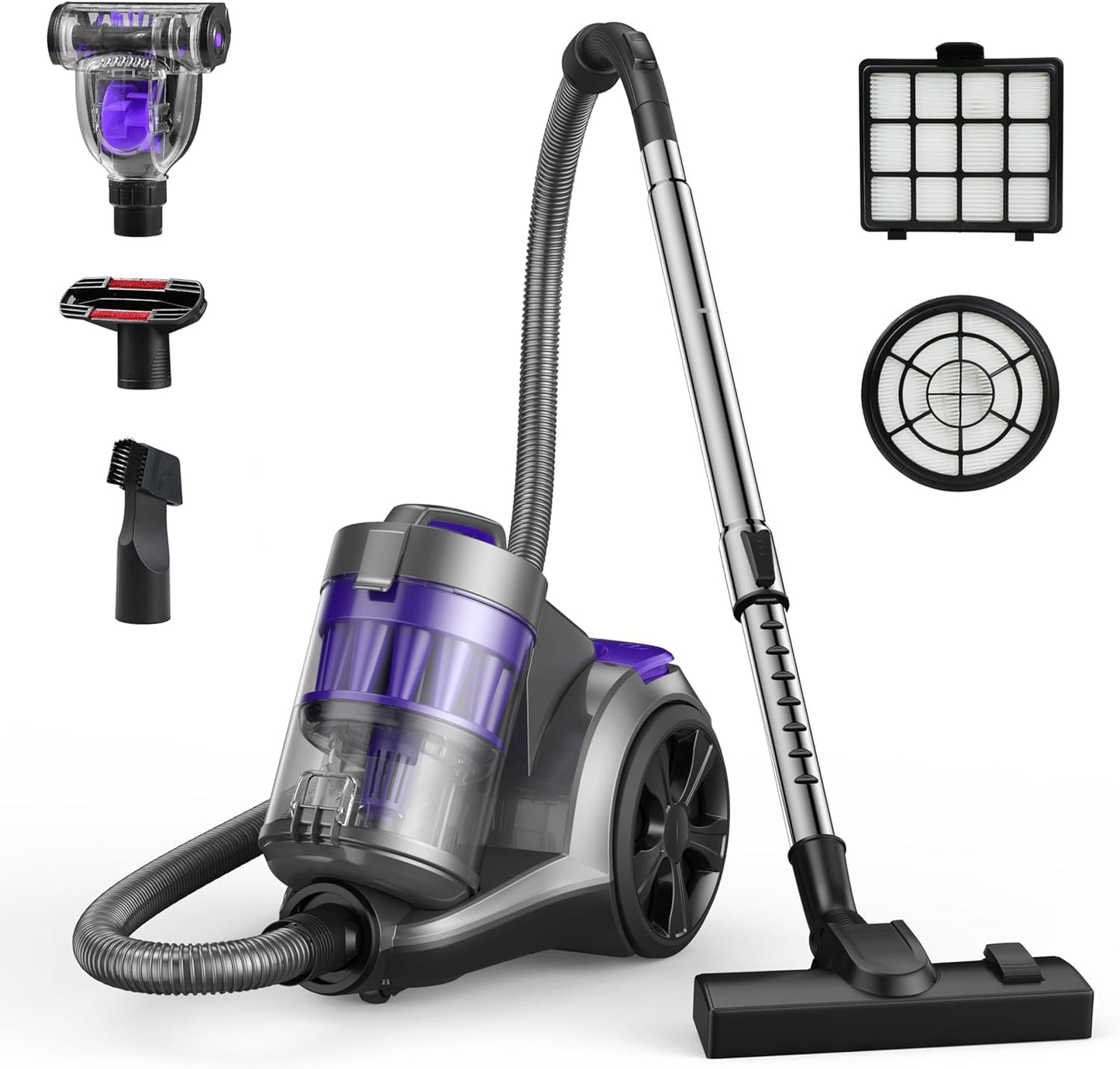 Aspiron 1700W Canister Vacuum Cleaner, 32Kpa Bagless Vacuum Cleaner, Multi-Cyclonic Filtration, 2 Anti-Allergen HEPA Filters, 3.5QT Dust Cup, 4 Tools, Corded Vacuum for Hard Floor, Pet Hair, Lavender