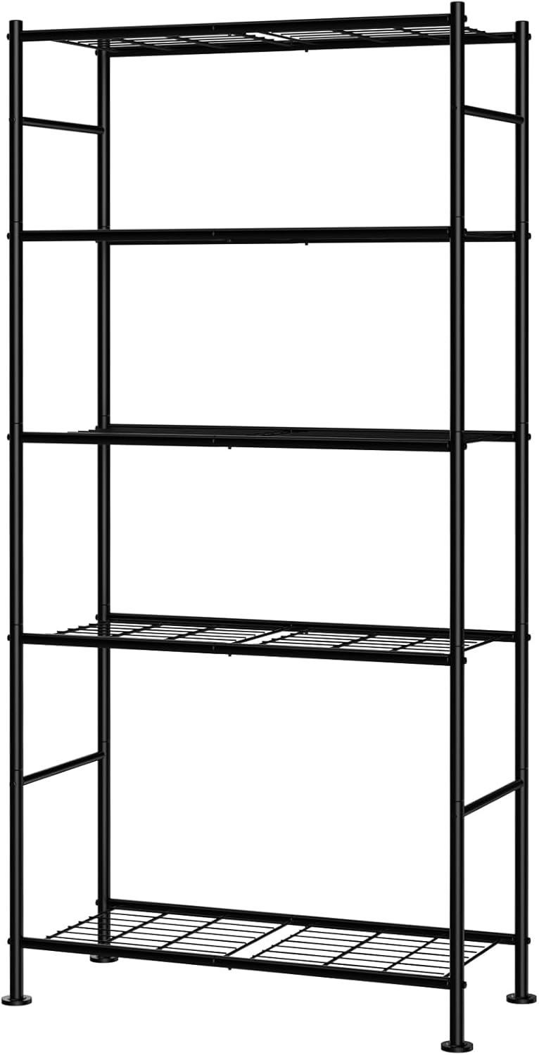 Storage Shelves - 5 Tier Shelf Organizer, Sturdy Metal Garage Shelving with Adjustable Leveling Feet, Space-Saving Shelves Organizer for Pantry, Laundry, Kitchen (32" x 12" x 71", Black)