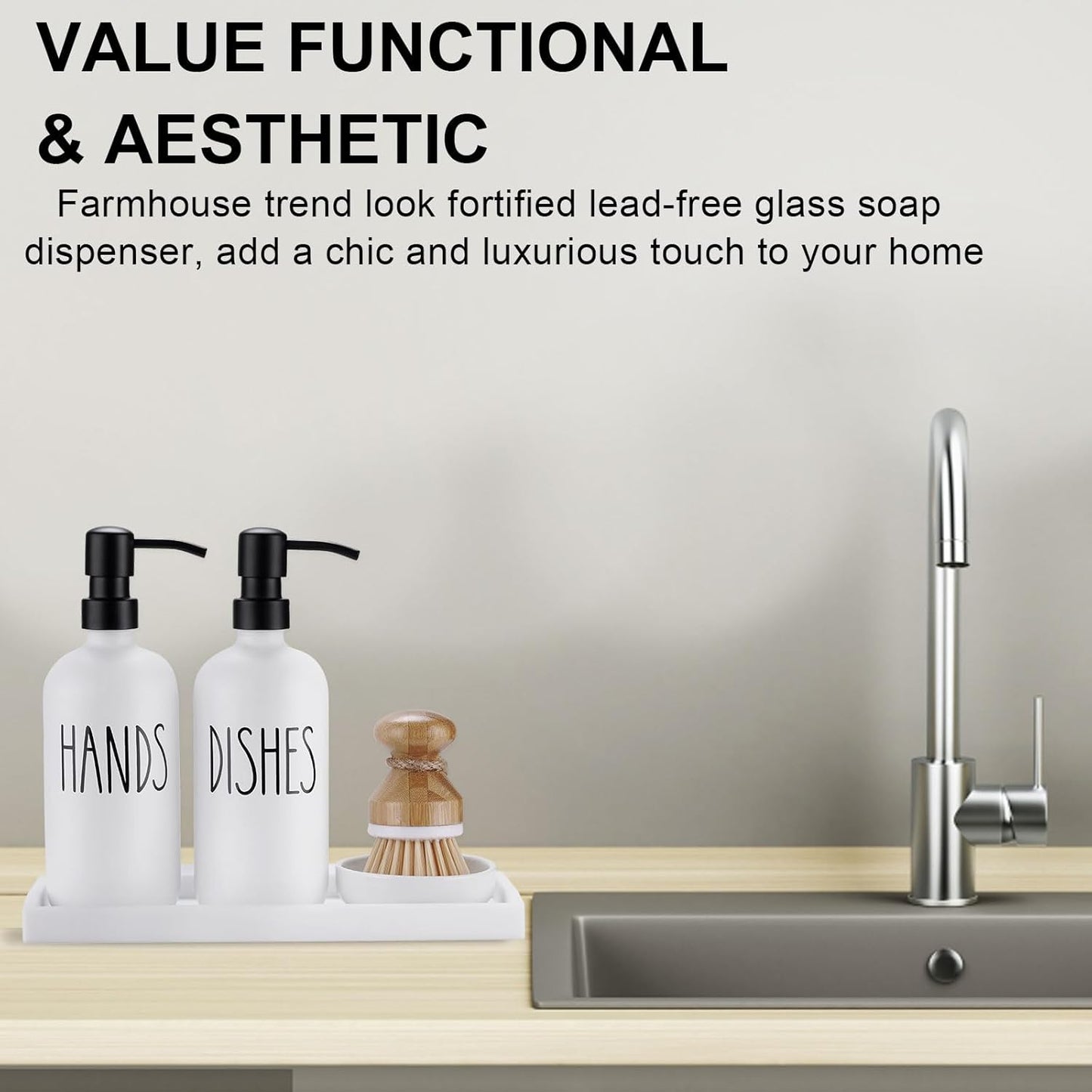 Glass Soap Dispenser for Kitchen, Farmhouse Dish Hand Soap Dispenser Set, Rustproof Pump Dispenser Set with Tray and Dish Brush, Kitchen Decor（White）