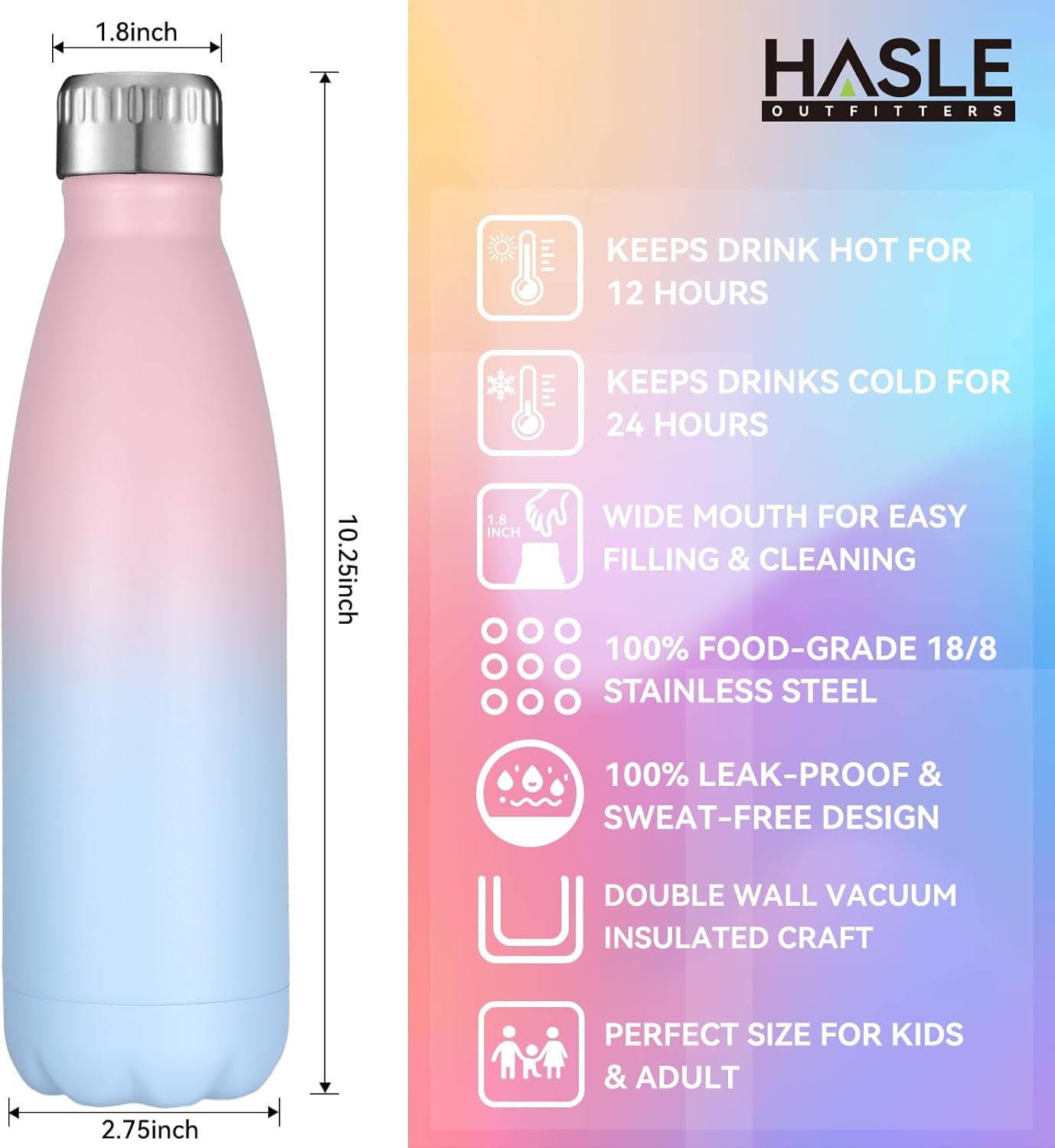 HASLE OUTFITTERS 17oz Stainless Steel Water Bottles Bulk, Vacuum Insulated Water Bottles Double Walled Reusable Metal Sports Water Bottles Keep Drinks Hot and Cold, Pink Blue, 4Packs