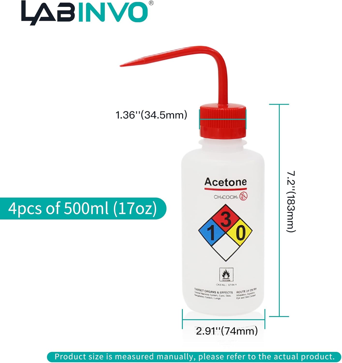 4pcs of Acetone Wash Bottles, Vol.500ml (17oz), Narrow Mouth, Self-Venting Safety Wash Bottles, LDPE Material, IN-WBA500