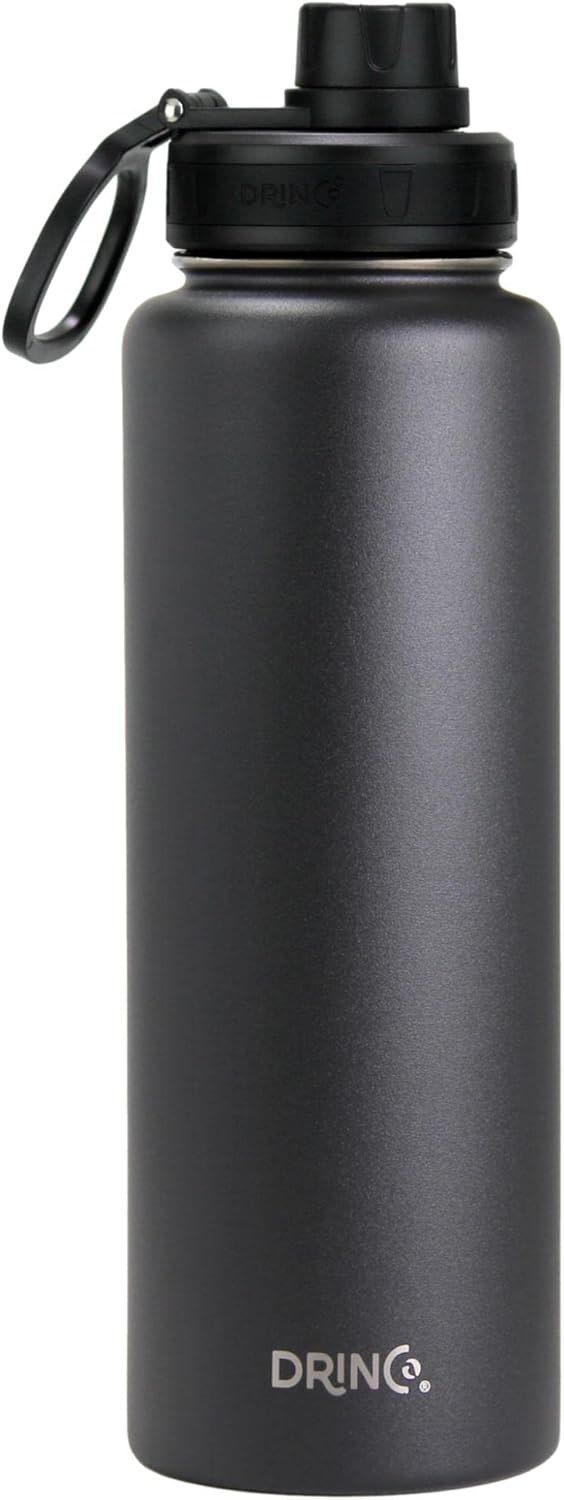DRINCO Stainless Steel Water Bottle Spout Lid Vacuum Insulated Double Wall Water Bottles Wide Mouth (40oz 32oz 22oz 18oz 14oz) Leak Proof Keeps Cold or Hot (40 oz, 40oz Black)