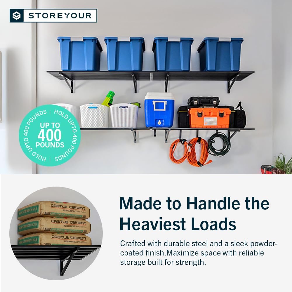 StoreYourBoard 2-Pack Heavy Duty Wall Shelves – Wall-Mounted Garage Storage Shelving and Organization for Sheds, Closets, or Utility Rooms – Holds 200 lbs, 2ft x 4ft, Black