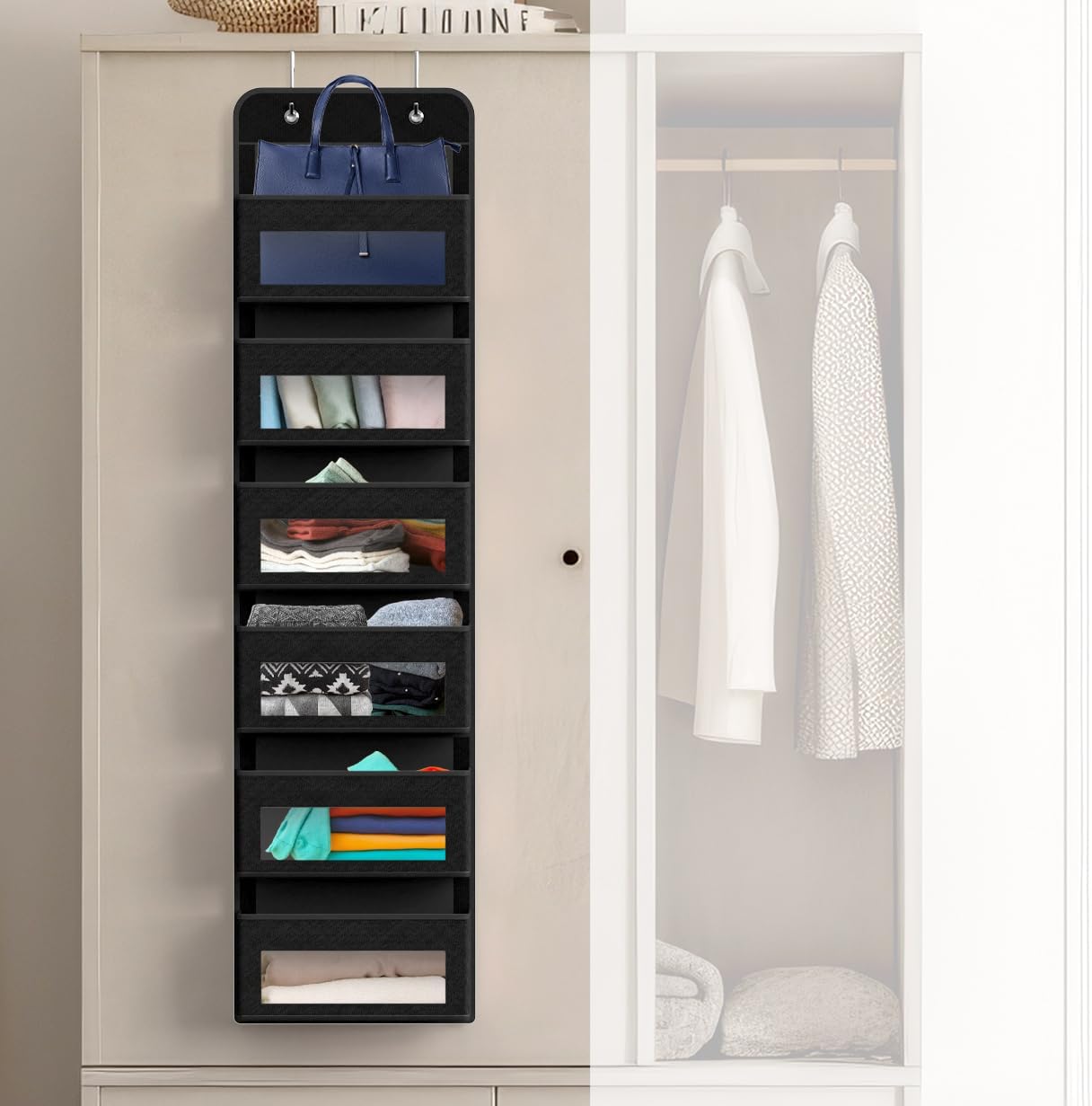 Simple Houseware 6 Clear Window Pocket Over Closet Door Storage Hanging Organizer for Bedroom, Bathroom, Pantry, Black