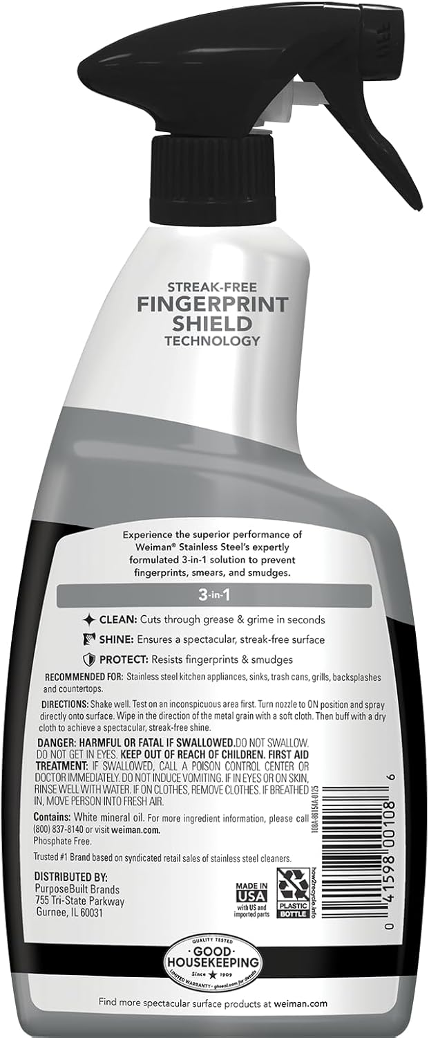 Weiman Stainless Steel Cleaner and Polish - Microfiber Cloth - Protects Appliances from Fingerprints and Leaves a Streak-Free Shine for Refrigerator | Dishwasher | Oven | Grill