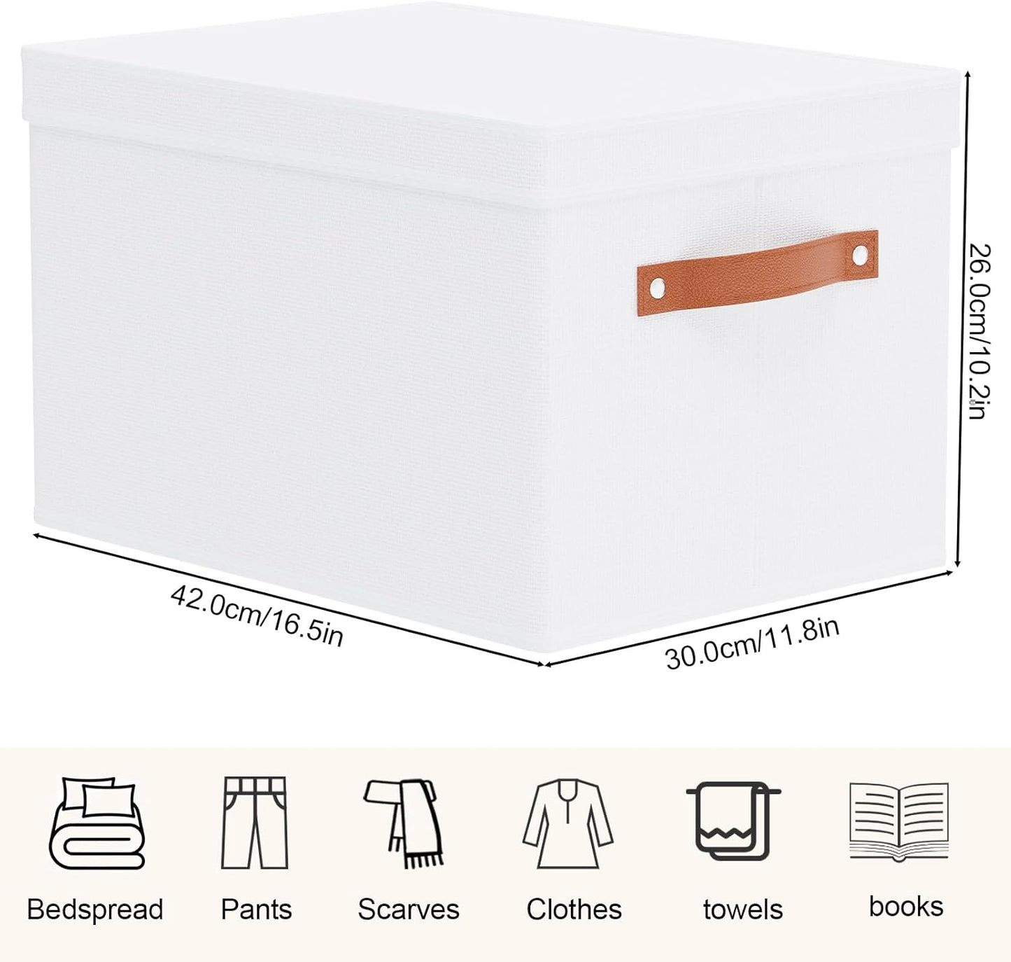 Fabric Storage Bins, Clothes Boxes for Shelves with Lids, 1 Pack Baskets for Organizing with Handles, Decorative Linen Closet Organizers, White, 16.5 x 11.8 x 10.2 Inch