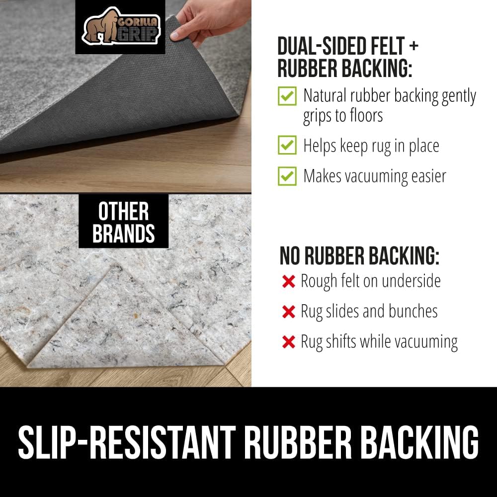 GORILLA GRIP Felt and Natural Rubber Stay in Place Slip Resistant Rug Pad, 1/8in Thick, 8x10 FT Protective Padding Under Area Rugs, Cushioned Gripper Pads, Carpet Runners, Hardwood Floors Protection