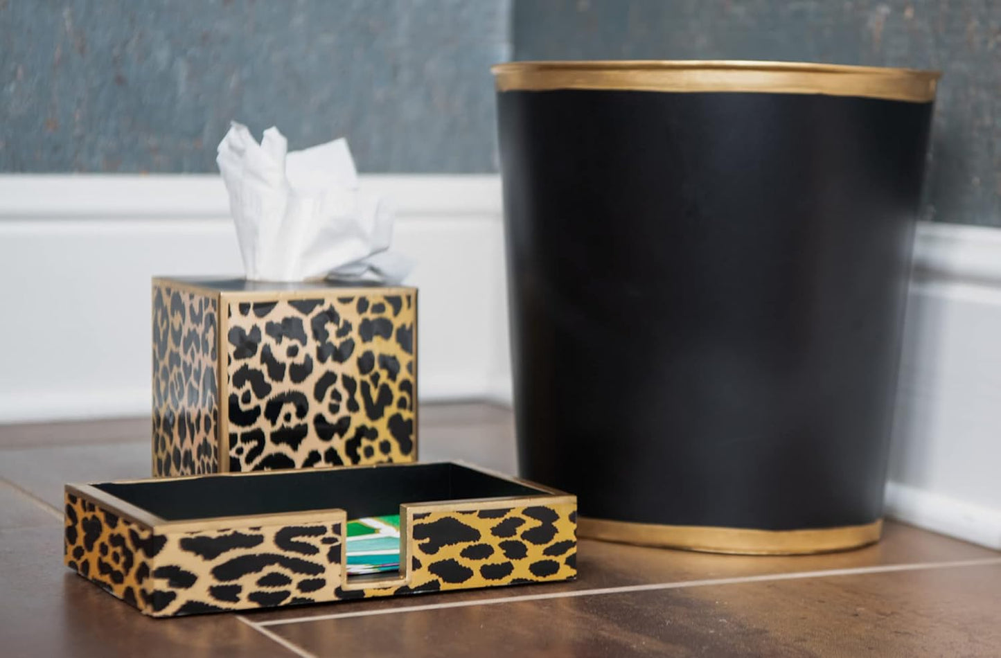 Jaye's Studio Mattie Line, Oval Wastebasket & Garbage Bin, Gold Trim & Finish, Hand-Painted, Handcrafted Metal, Trash Bin for Bedroom, Office, Bathroom, 12" x 10" x 8" (Navy)