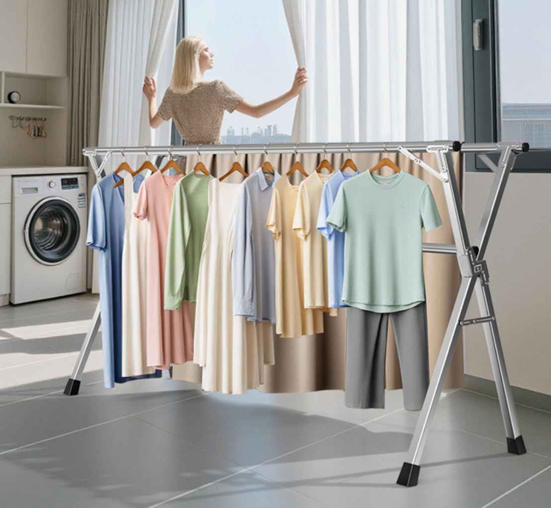 79 Inches Heavy - Duty Stainless Steel Folding Clothes Drying Rack - Indoor/Outdoor Use, Anti-Rust, 20 Windproof Hooks, Portable & Foldable (79'')
