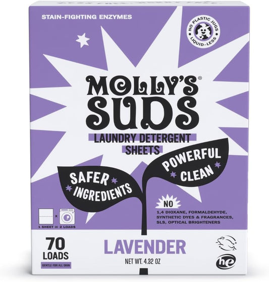 Molly’s Suds Laundry Detergent Sheets | Gentle on Sensitive Skin, Powerful Bio-Based Enzymes, Stain-Fighting | Liquidless & Plastic-Free Packaging | 70 Loads (Lavender)