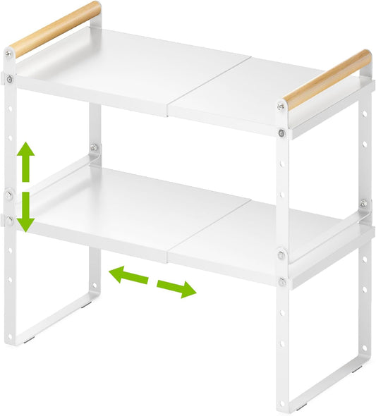 DOLALIKE Expandable kitchen Countertop Organizer, Stackable Cabinet Shelf Organizers, Space Saving Spice Rack Pantry Storage for Bathroom Office Organization (6.9'D*13-19.7''W*15.7''H, White)